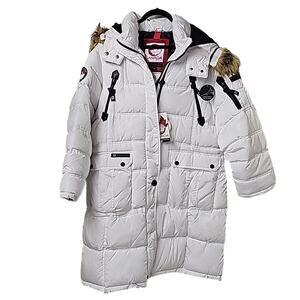 Women's White Puffer Coat with Fur Trim